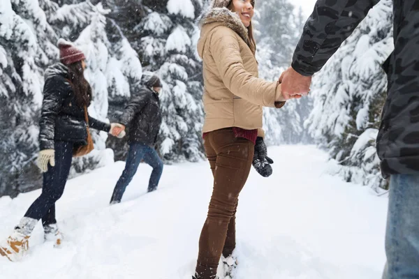 Meg csoport két pár hó erdő fiatalok szabadtéri séta — Stock Fotó