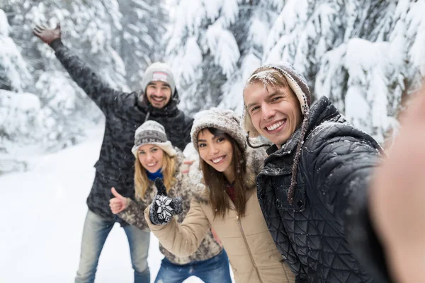 Az ember vesz Selfie fotó meg mosoly hó erdő fiatal emberek csoport szabadtéri — Stock Fotó