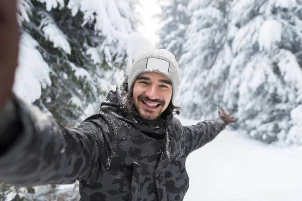 Young Man Smile Camera Taking Selfie Photo In Winter Snow Forest Guy Outdoors