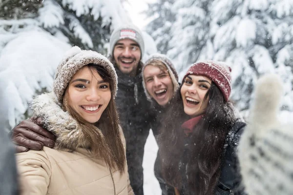 Meg véve Selfie fénykép mosoly hó erdő Young People Group szabadtéri — Stock Fotó