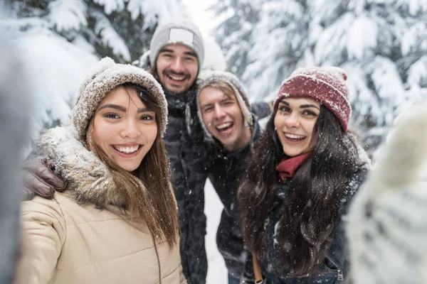 Meg véve Selfie fénykép mosoly hó erdő Young People Group szabadtéri — Stock Fotó
