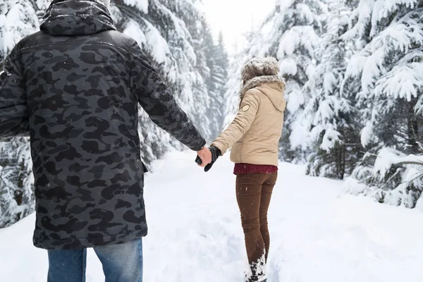 Fiatal pár séta hóban erdőben kültéri férfi és nő tartja kezében hátsó nézet — Stock Fotó