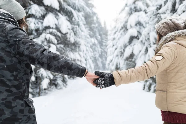 Young Couple Walking In Snow Forest Outdoor Man And Woman Holding Hands Back View