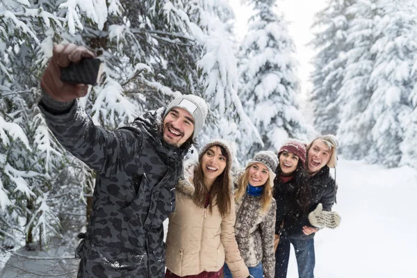 Man Hold Smart Phone Camera Taking Selfie Photo Friends Smile Snow Forest Young People Group Outdoor — Stock Photo, Image