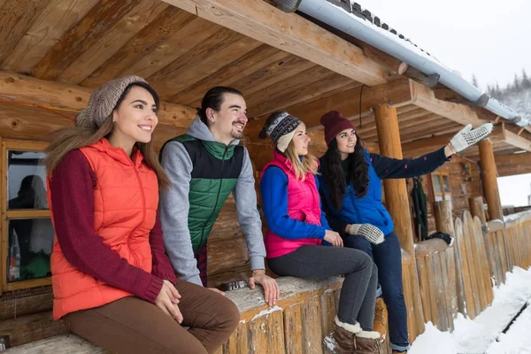 People Group Sitting On Terrace Wooden Country House Winter Snow Resort Cottage — Stock Photo, Image