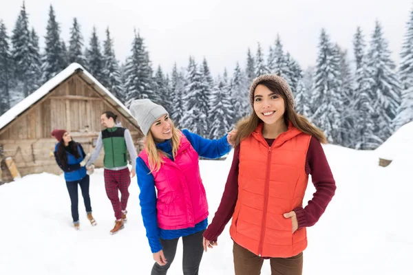 People Group Near Wooden Country House Winter Snow Resort Cottage — Stock Photo, Image