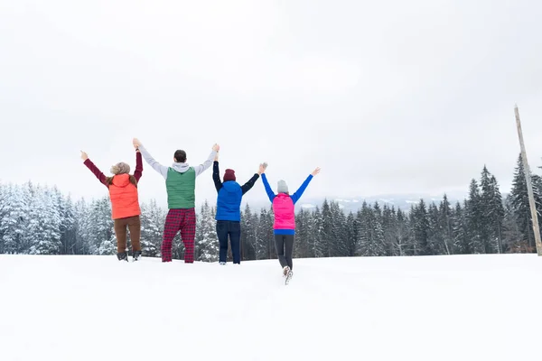 Friends On Mountain Top Winter Snow Forest, Young People Group Cheerful Raised Hands — Stock Photo, Image