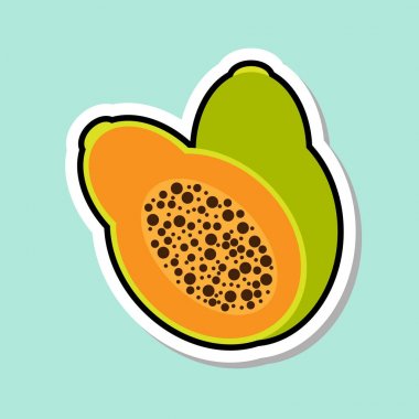 Papaya etiket üstünde mavi renkli renkli meyve kutsal kişilerin resmi
