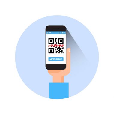 El tutma akıllı telefon tarama QR Kod simgesi Barcode inceden inceye gözden geçirmek ile telefon