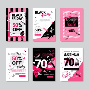 Siyah Cuma satış afiş Set pembe posterleri toplama Grunge tasarım alışveriş indirim konsepti