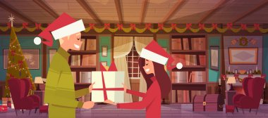 Çift Santa şapka hediye kutusu tutarak kutlamak Noel birlikte ev, sevimli erkek ve kadın mutlu yeni yıl afiş tasarımı tebrik