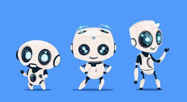 Grup izole mavi renkli sevimli çizgi karakter yapay zeka kavramı üzerinde Modern robotlar