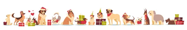 Grupo de lindos perros en Santa Sombreros Símbolo de Año Nuevo 2018 y vacaciones de Navidad aislado sobre fondo blanco — Vector de stock