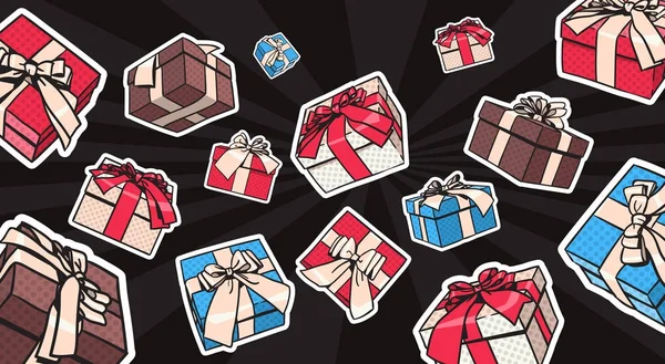 Cadeau ou cadeaux boîtes ensemble avec arc et ruban sur fond noir — Image vectorielle