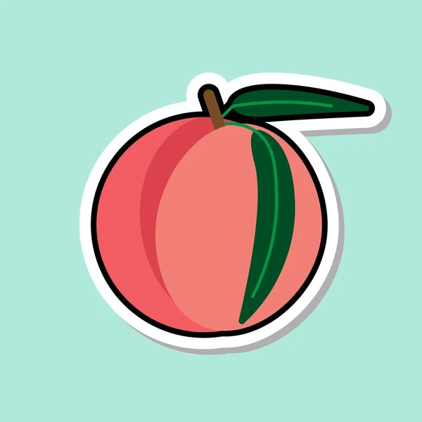 Etiqueta engomada de melocotón sobre fondo azul colorido icono de la fruta — Vector de stock