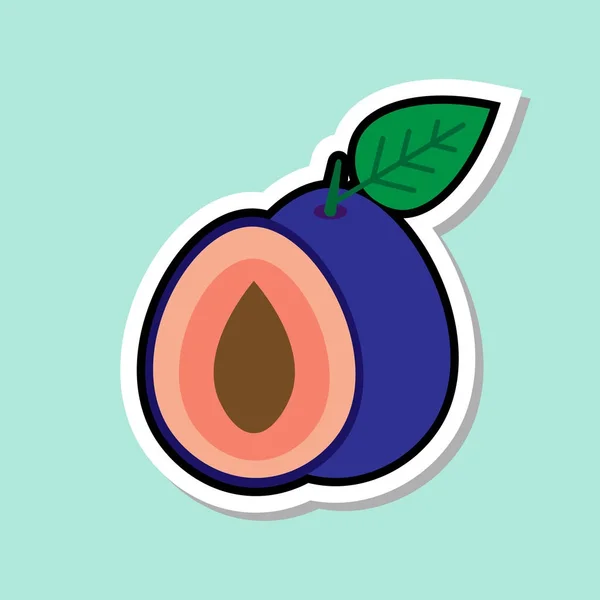 Plum Sticker op blauwe achtergrond kleurrijk Fruit pictogram — Stockvector