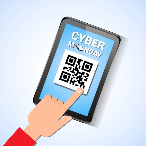 Tableta digital Hand Touch con código Qr en pantalla Cyber Monday Mensaje de venta — Archivo Imágenes Vectoriales