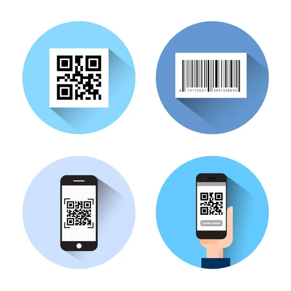 Set Of Icons With Bar Qr Code Scanning Smart Phones Isolated On White Background — Stock Vector