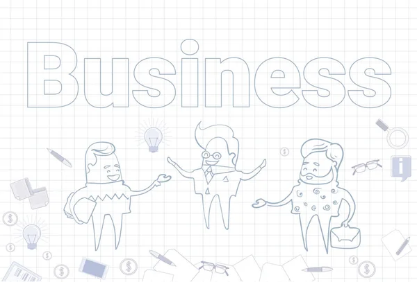Banner de negocios con bocetos Empresarios e iconos sobre fondo cuadrado — Vector de stock