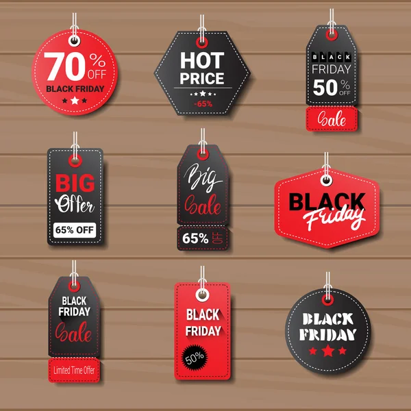 Collection de Black Friday Tags sur fond texturé en bois Shopping icônes et logos Set Design — Image vectorielle