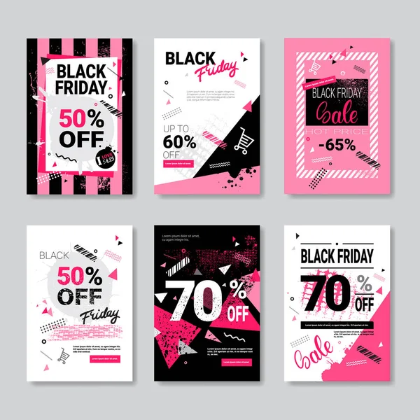 Black Friday verkoop Banner Set roze Posters collectie Grunge winkelen korting ontwerpconcept — Stockvector