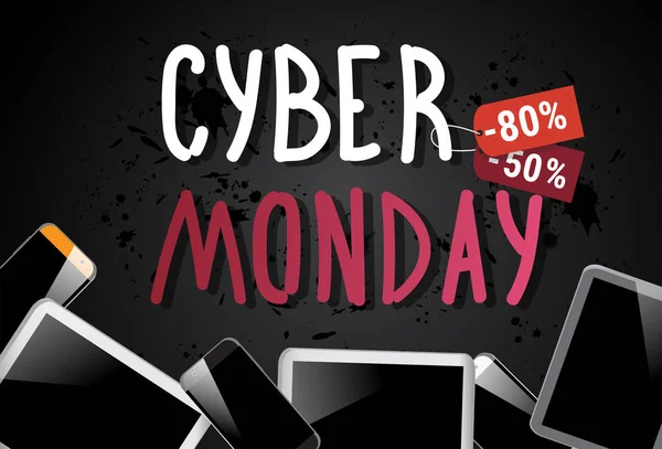 Banner de venda Cyber Monday com comprimidos digitais no fundo Online Shopping Poster de desconto — Vetor de Stock