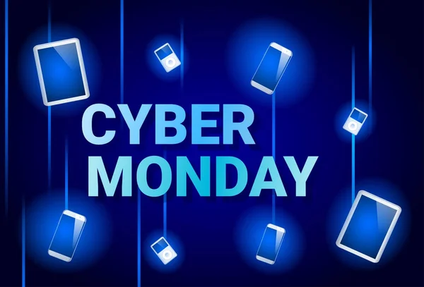 Cyber Monday Venta Banner Con Tabletas Digitales En Fondo De Compras En Línea Cartel De Descuento — Archivo Imágenes Vectoriales