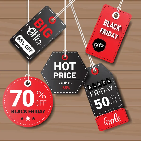 Sammlung von Black-Friday-Tags auf hölzernem texturiertem Hintergrund Shopping-Ikonen und Logos Set-Design — Stockvektor