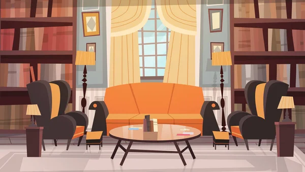 Gemütliche Wohnzimmereinrichtung mit Möbeln, Sofa, Tisch-Sesseln und Bücherregal — Stockvektor