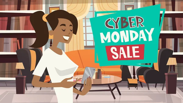 Cyber Monday Sale Mensagem da menina usando celular inteligente telefone férias descontos Banner Design — Vetor de Stock