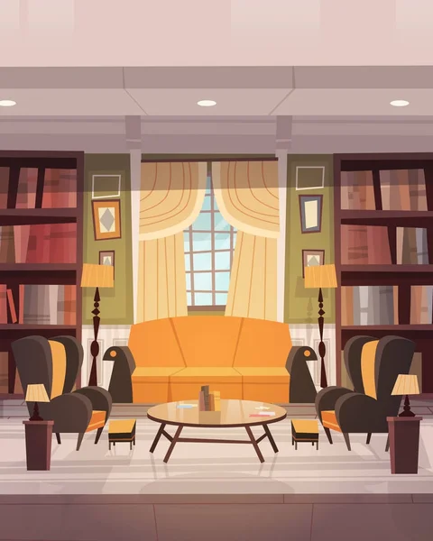 Уютный дизайн интерьера в гостиной с мебелью, диваном, креслами и книжным шкафом — стоковый вектор