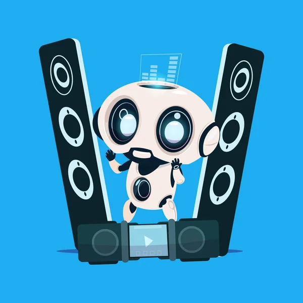 Modern Robot Standing On Audio Speakers On Blue Background Cute Cartoon Character Artificial Intelligence Concept — Stock Vector