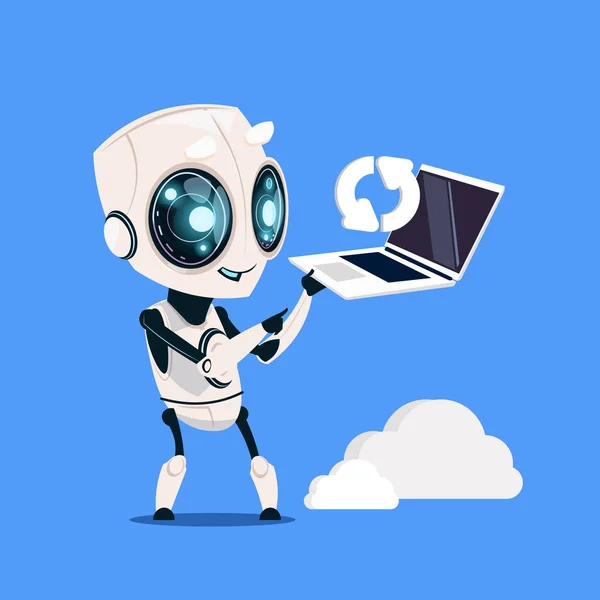 Robô moderno espera computador portátil atualizando em fundo azul bonito personagem dos desenhos animados conceito de inteligência artificial — Vetor de Stock