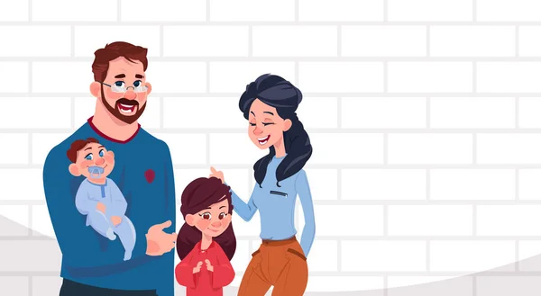 Jóvenes padres de familia con dos hijos hija e hijo de pie sobre fondo de pared de ladrillo blanco con personajes de dibujos animados espacio copia — Vector de stock