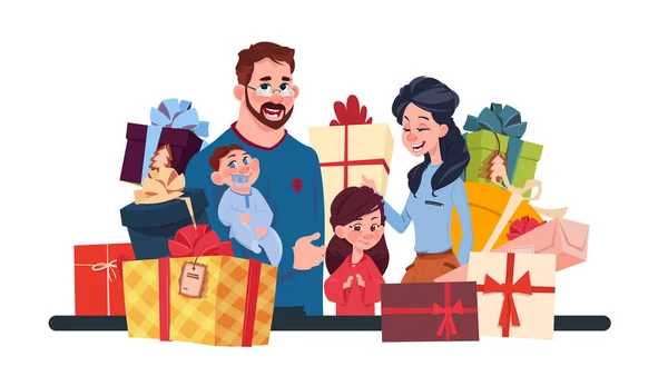 Jeune famille avec des boîtes actuelles sur fond blanc, les parents et les enfants tenant des cadeaux de vacances Concept — Image vectorielle