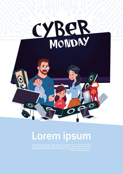 Cyber pondělí prodej plakát s šťastná rodina plazmová Tv a moderní zařízení, Holiday Online nakupování Banner s nástroj Copy Design prostoru — Stockový vektor