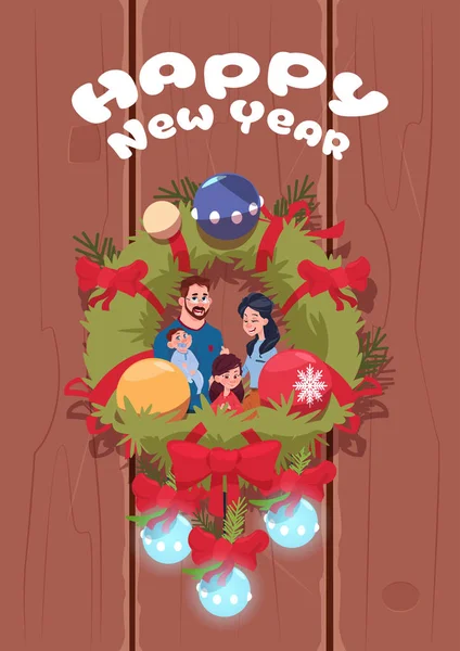 Щасливий новорічний плакат з сім'єю на Різдвяній гірлянді над дерев'яною текстурою фон милий вітальна листівка — стоковий вектор