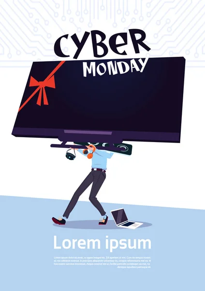 Cyber Monday Sale Poster com Man Holding Big Tv Plasma sobre fundo branco, banner de modelo com design de espaço de cópia —  Vetores de Stock