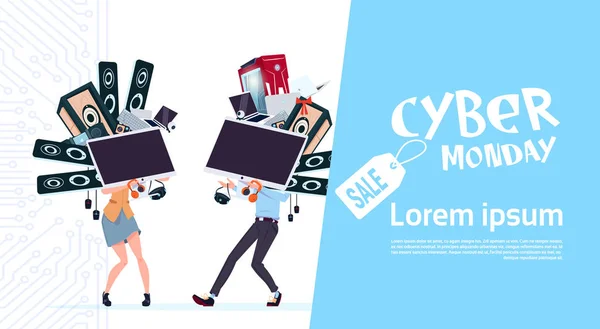 Cyber maandag Sale Poster met paar bedrijf verschillende moderne apparaten Over witte achtergrond, sjabloon Banner met kopie Space-ontwerp — Stockvector