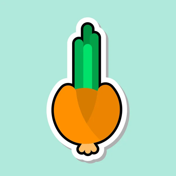 Sticker d'oignon sur fond bleu Icône de légumes colorés — Image vectorielle