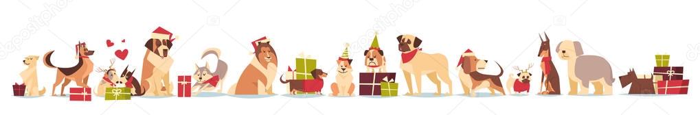 Group Of Cute Dogs In Santa Hats Symbol Of 2018 New Year And Christmas Holidays Isolated On White Background