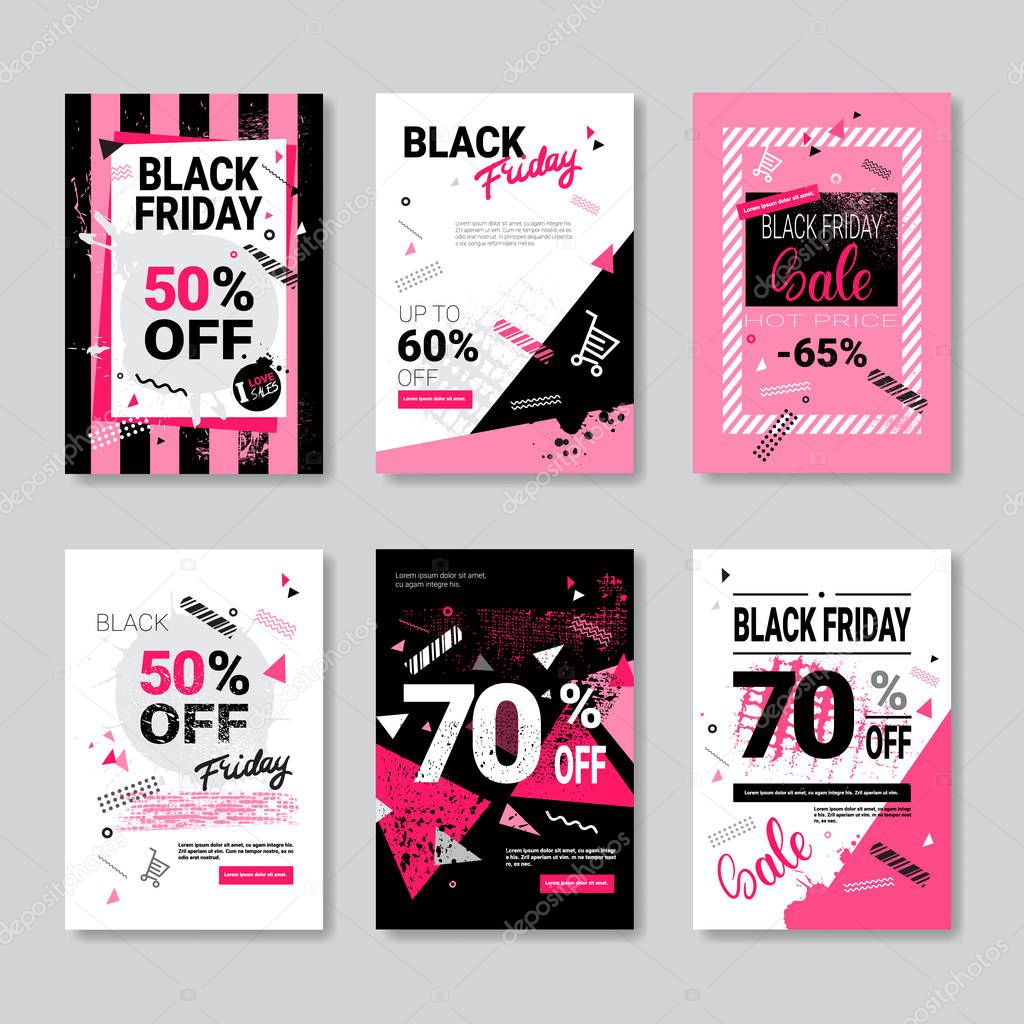 Black Friday Sale Banner Set Pink Posters Collection Grunge Design Shopping Discount Concept