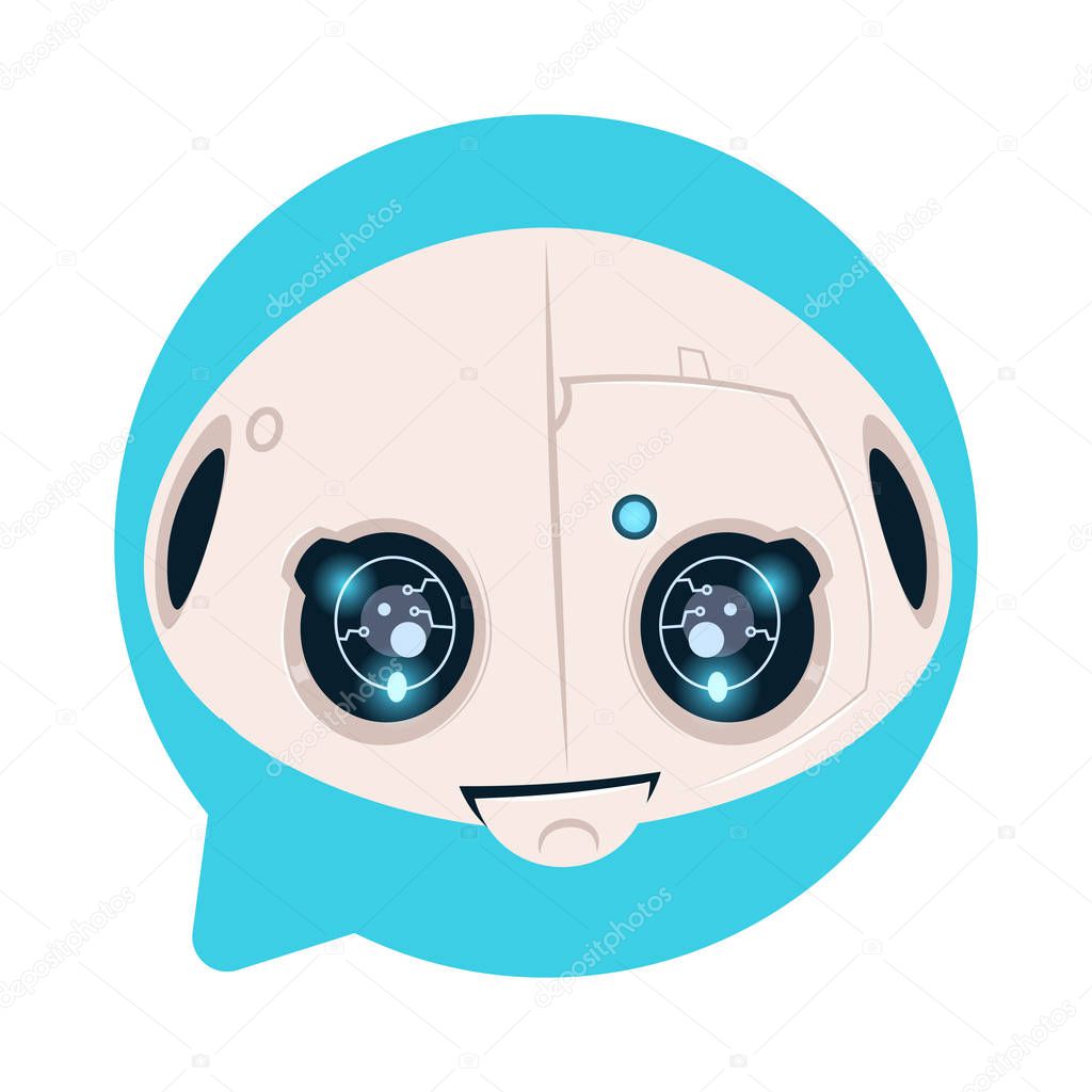 Robot Head Icon In Blue Speech Bubble Support Chat Bot Concept