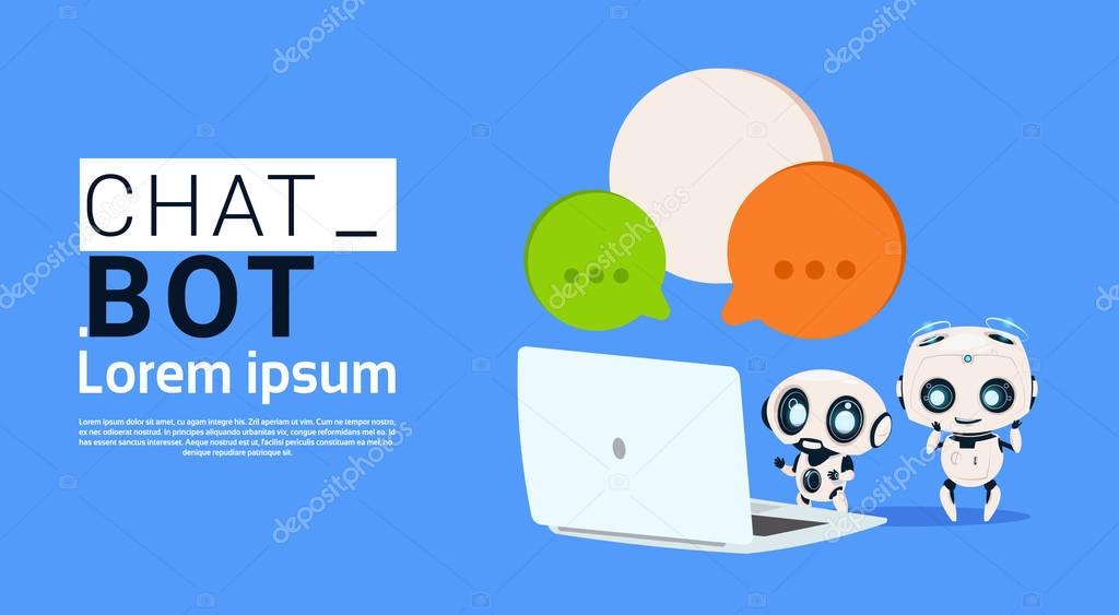 Chat Bot Robots Using Laptop Computer And Hold Speech Bubble Banner With Copy Space, Chatter Or Chatterbot Support Service Concept