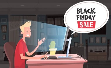 Black Friday Satılık sohbet kabarcık bilgisayar masaüstü Holiday adlı oturan adam üzerinde Banner tasarımı indirimler
