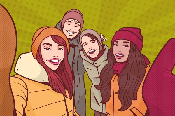 Grupo de jóvenes haciendo foto selfie usando ropa de invierno sobre colorido estilo retro fondo mezcla raza hombre y mujer feliz sonrisa tomar autorretrato — Vector de stock