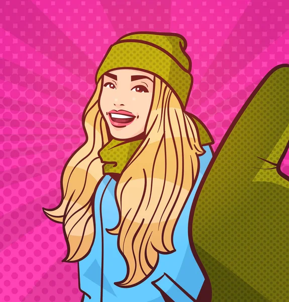 Kış giysileri içinde genç kadını kabul Selfie fotoğraf renkli Retro tarzı arka plan üzerinde — Stok Vektör