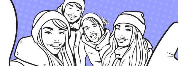 Skiss av Young People Group att göra Selfie foto bära vinterkläder över färgglada Retro stil bakgrunden Mix Race Man och kvinna glad leende ta självporträtt — Stock vektor