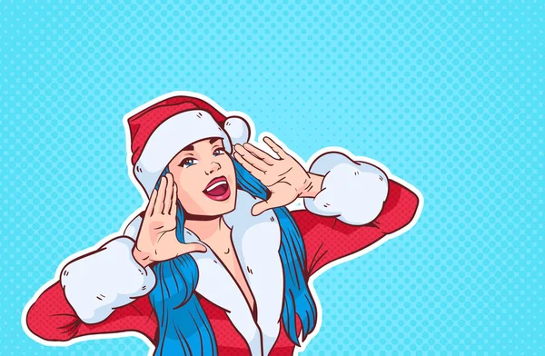 Красива дівчина в костюмі Санта кричить, з Різдвом і щасливим Новим Роком Концепція Ретро Поп-арт Стиль — стоковий вектор