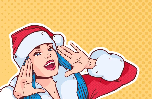 Menina bonita usar o traje de Santa gritando, Feliz Natal e Feliz Ano Novo Conceito Retro Pop Art Estilo — Vetor de Stock